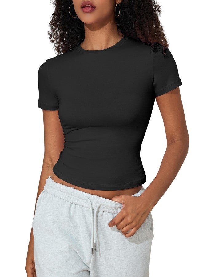 PrettyGuide Women's Casual Basic Going Out Tops Slim Fit Short Sleeve Crew Neck Tight Crop T Shirts Black S - Image 3